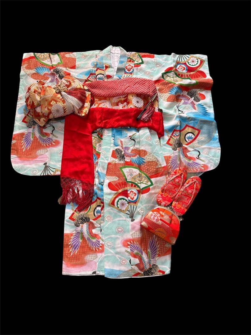 七五三 7歳 正絹 着物 作り帯 バッグ 草履 セット 絞り調 黒 赤