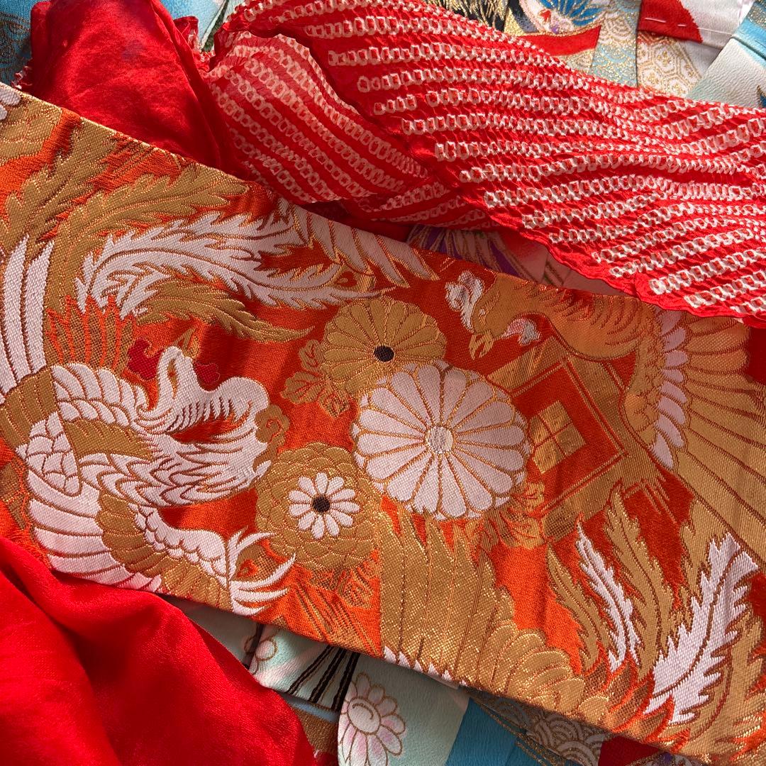 七五三 7歳 正絹 着物 作り帯 バッグ 草履 セット 絞り調 黒 赤