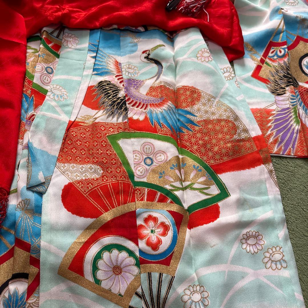 七五三 7歳 正絹 着物 作り帯 バッグ 草履 セット 絞り調 黒 赤