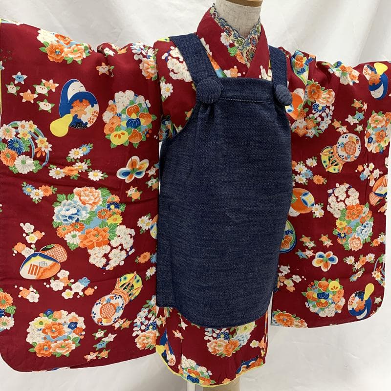 512ag70□七五三 三歳 女児 着物&被布 達磨 花丸文□状態良好