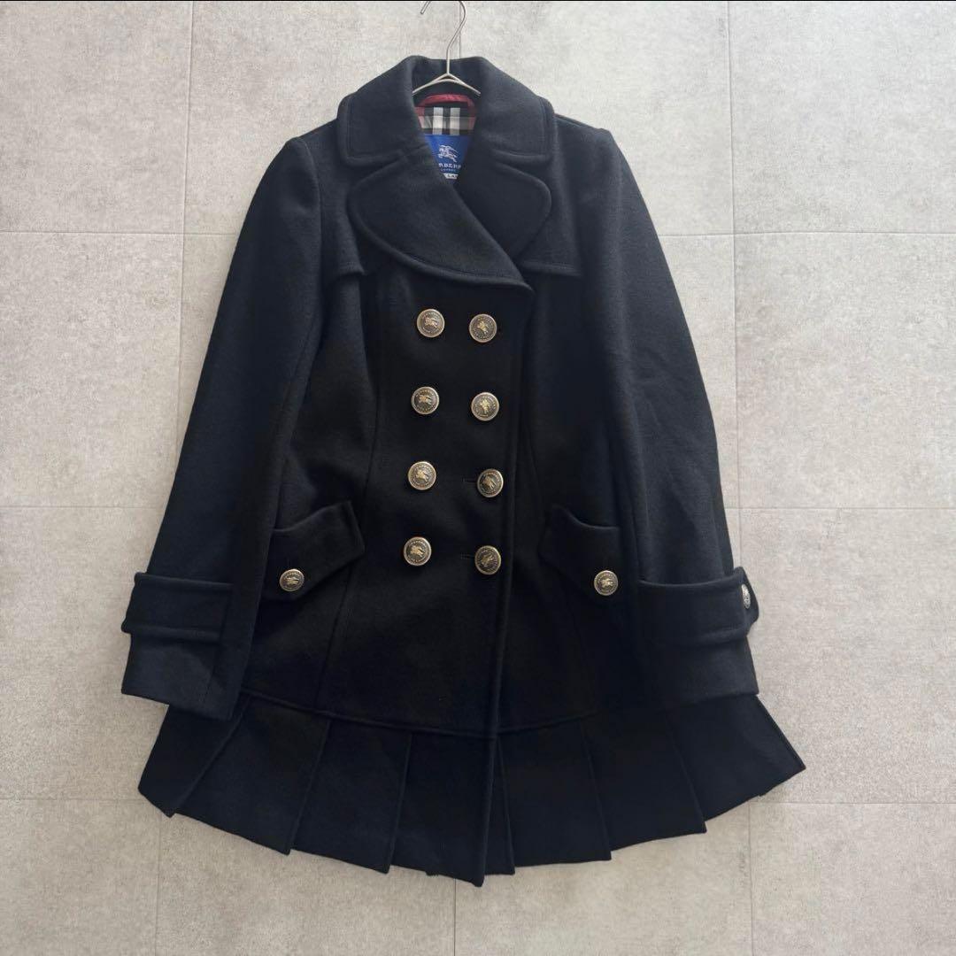 バーバリーブルーレーベル　ロングコート　金ボタン　黒　36 ノバチェック　ダブル