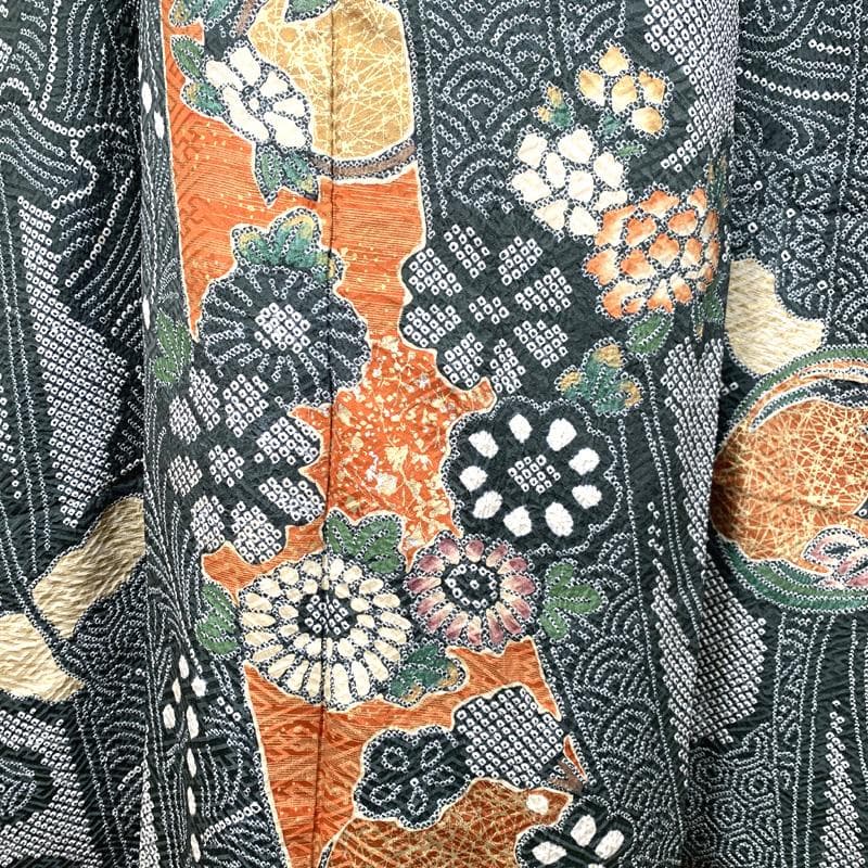 411z11〇総絞り 振袖 金彩 熨斗 菊 牡丹 深緑 オレンジ〇成人式 結婚式