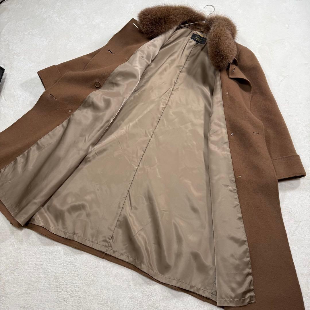 Leilian カシミヤ混 ダブル ロングコート フォックスファー 13+