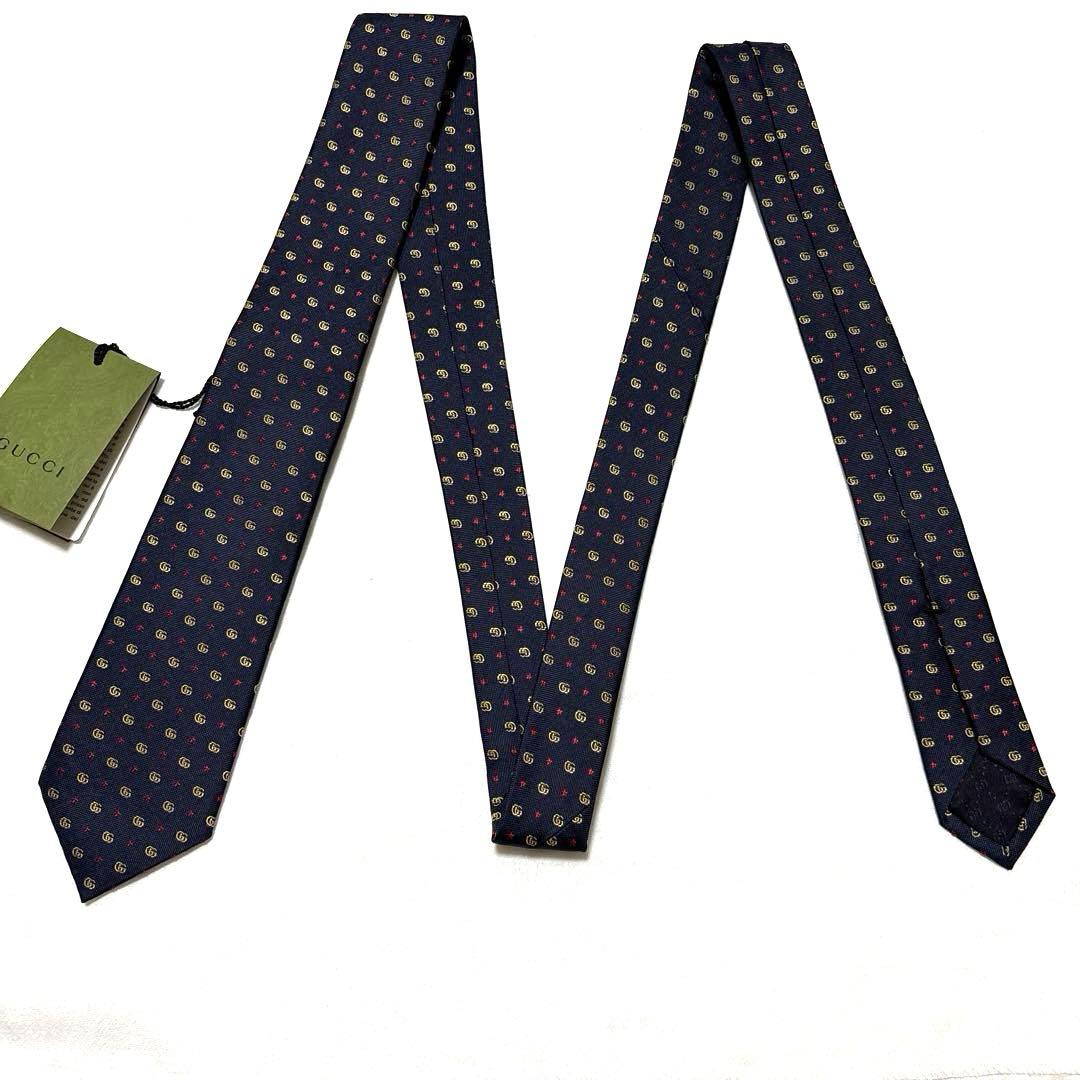 新品　グッチ　ネクタイ　現行　ネイビー　GG柄　タグ付　袋付