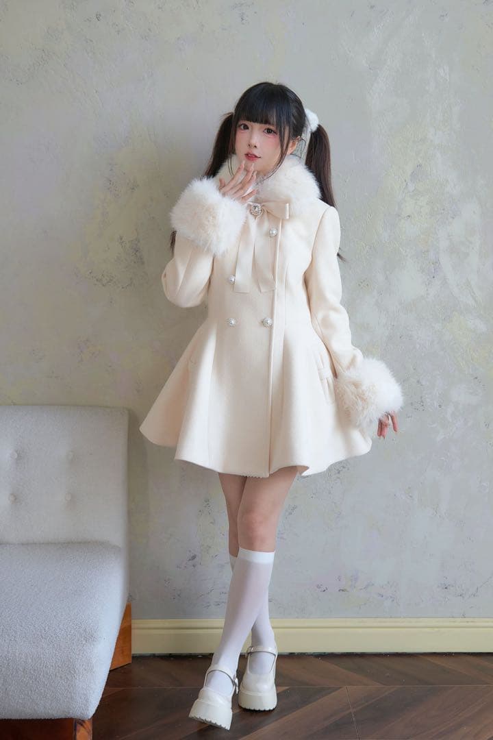 NoGenki アイボリー ファー付きロングコート