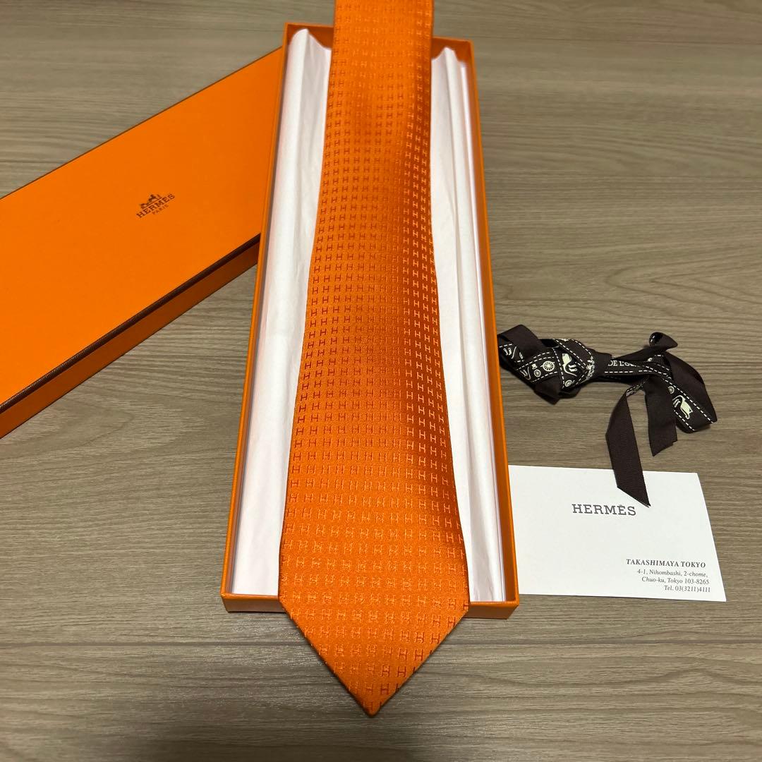 エルメス　ネクタイ　H柄　オレンジ