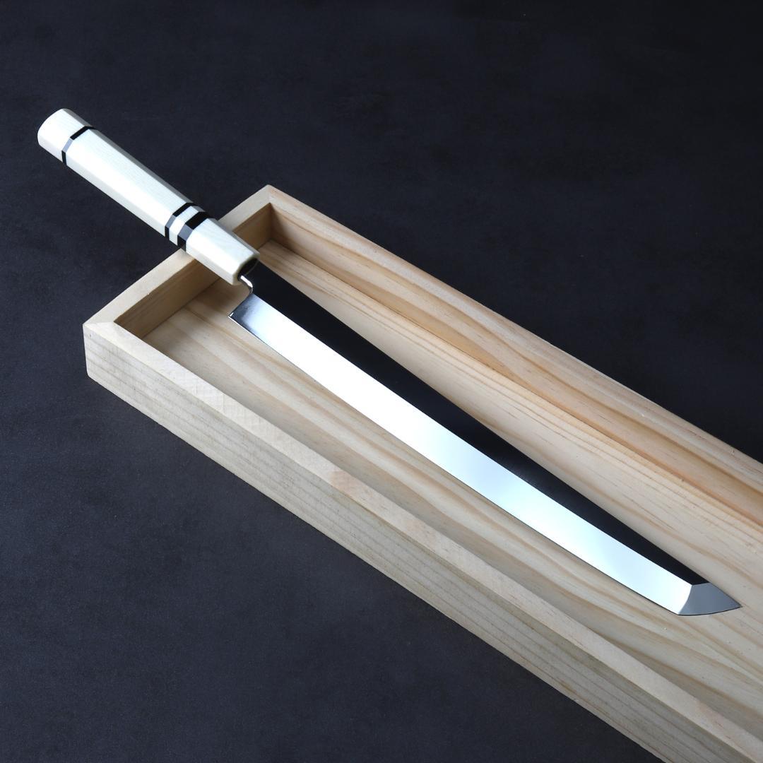 7301先丸柳刃包丁 尺一 ウルトラ鏡面仕上げ 刺身包丁 人工象牙黒三本巻八角柄