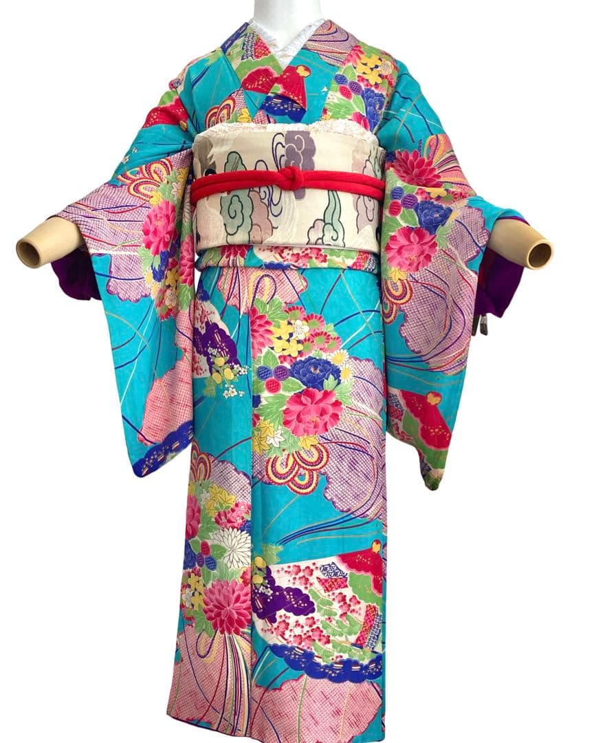 ターコイズ 昭和レトロ 大正ロマン アンティーク着物 大人 ジュニア 袴 着物
