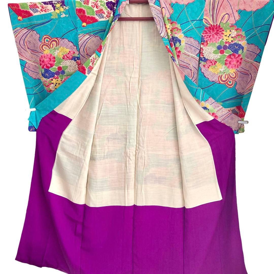 ターコイズ 昭和レトロ 大正ロマン アンティーク着物 大人 ジュニア 袴 着物