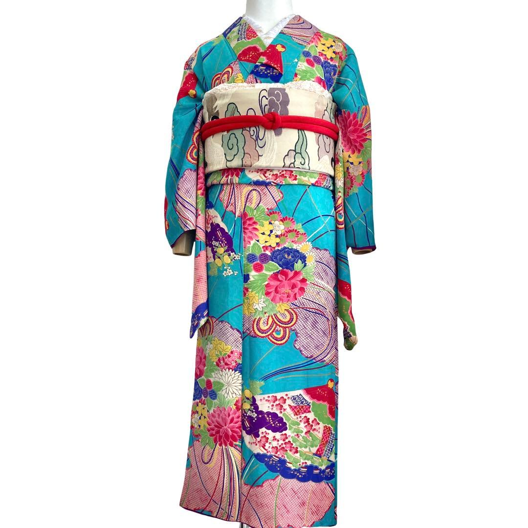 ターコイズ 昭和レトロ 大正ロマン アンティーク着物 大人 ジュニア 袴 着物