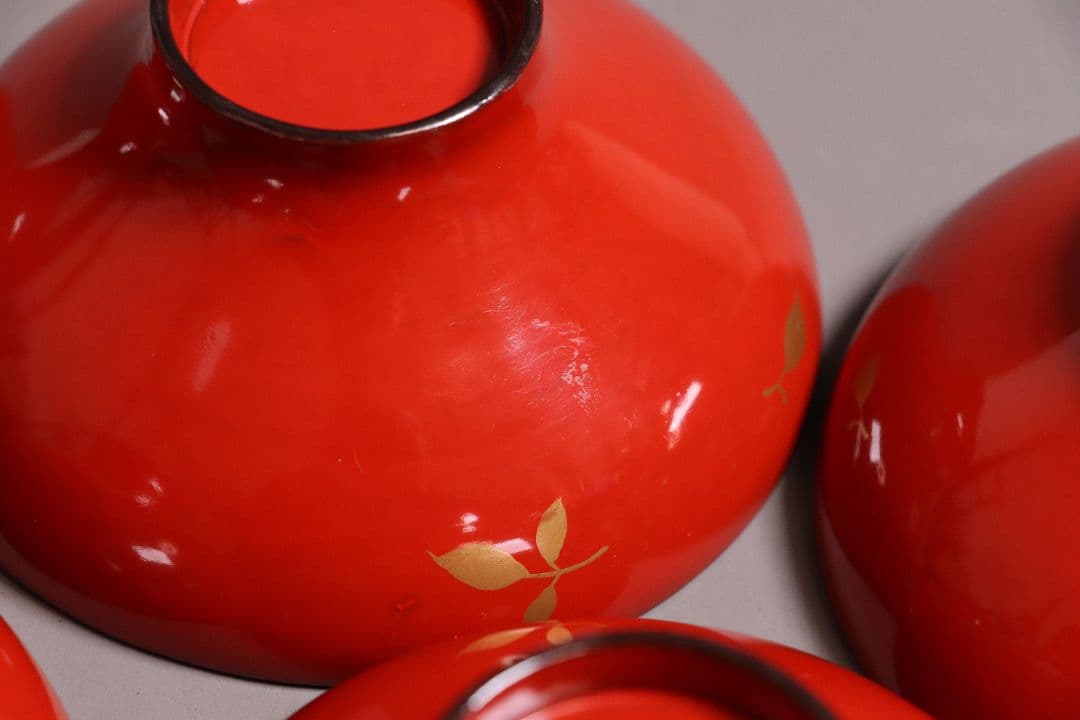 漆芸 明治大正 時代蒔絵椀 五客 天然木 草花 朱塗 金蒔絵【MA358】