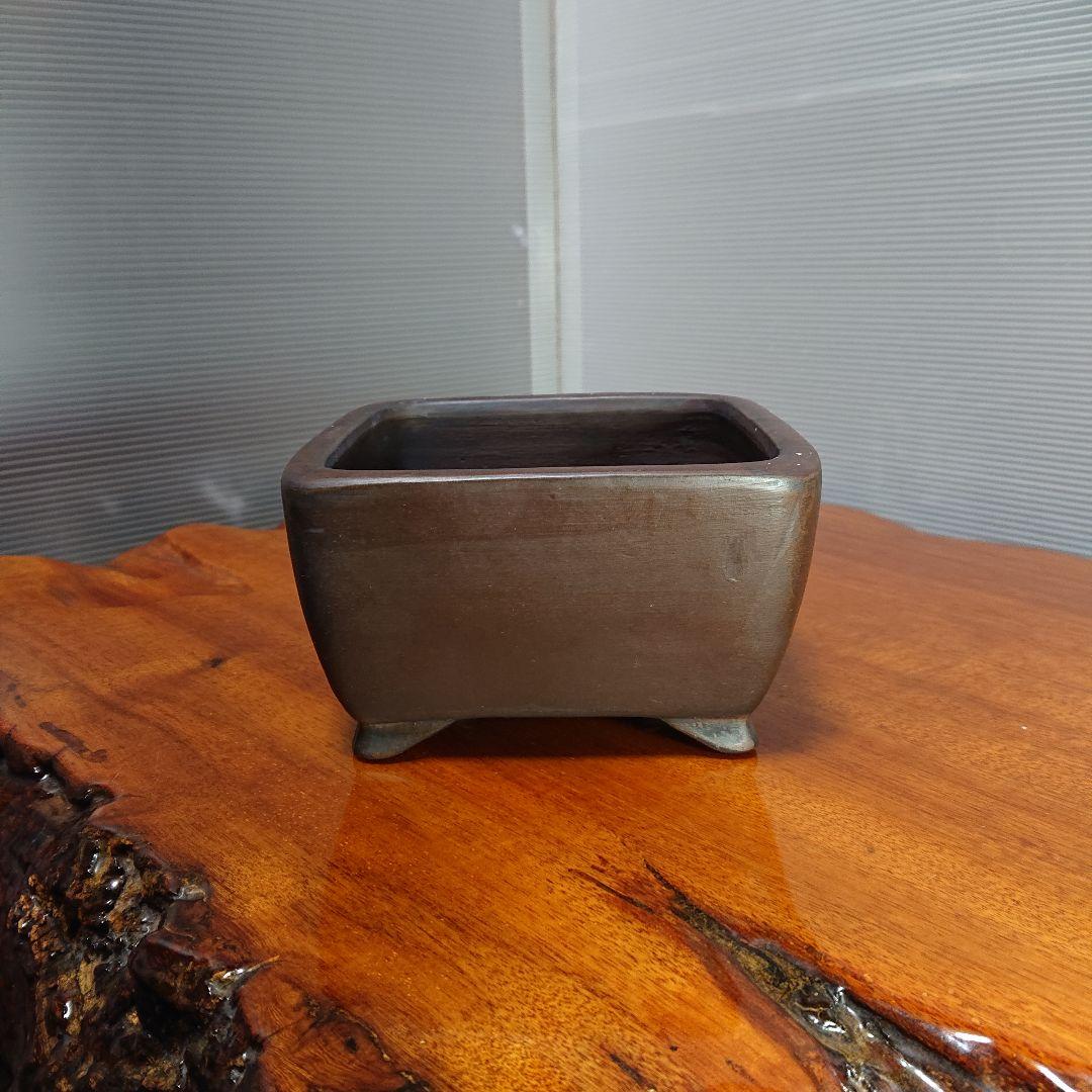 佳山 小型 四角形 陶器製 植木鉢 盆栽鉢 落款 常滑 Bonsai 濃茶色