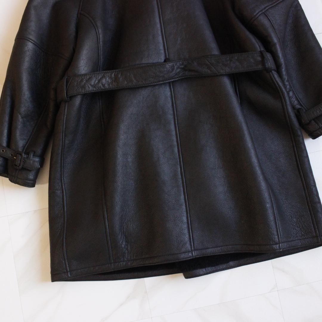 リアルムートンコート ダブル ベルト ブラック 羊革 ボア