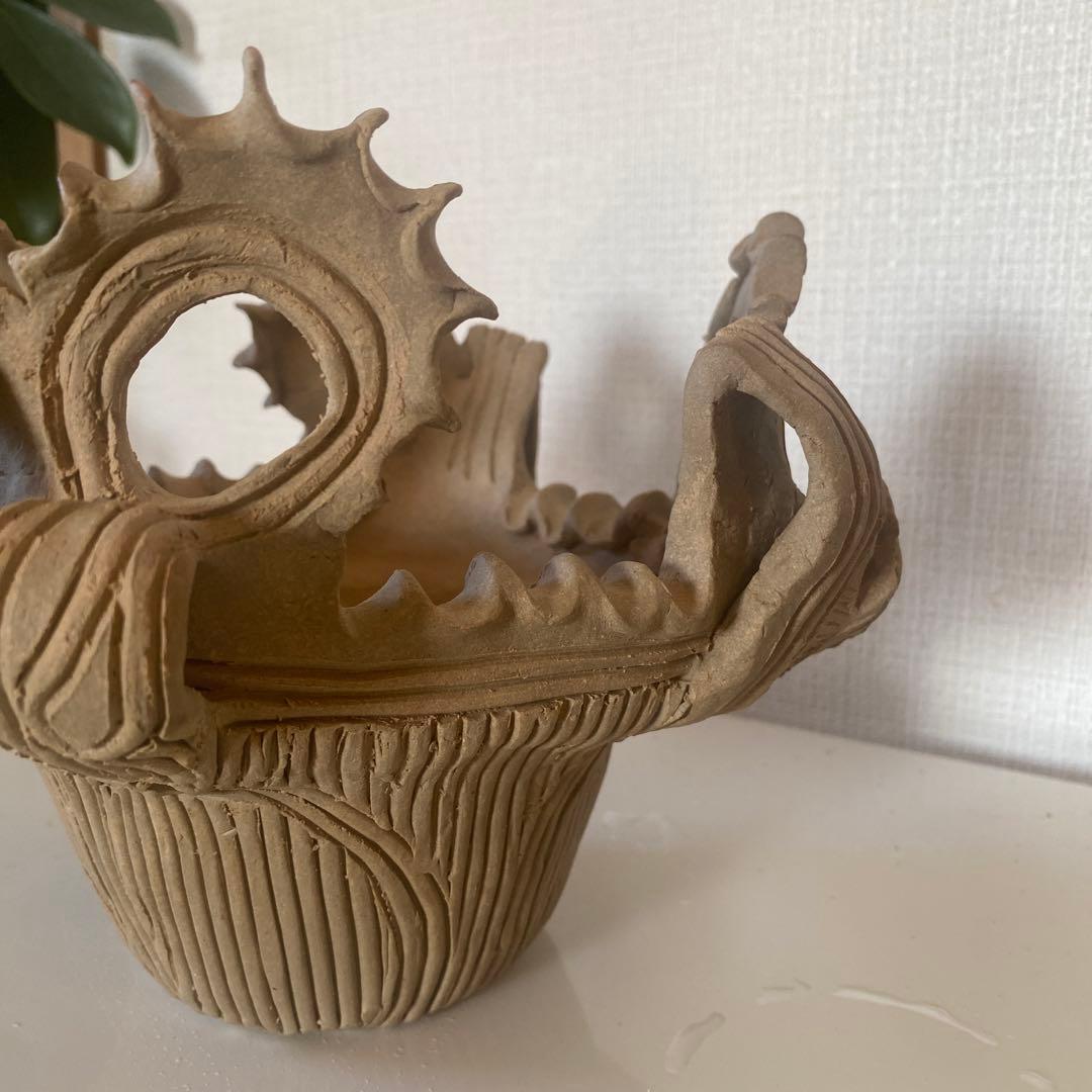 縄文土器デザイン　植木鉢02 本焼き　樹葉窯