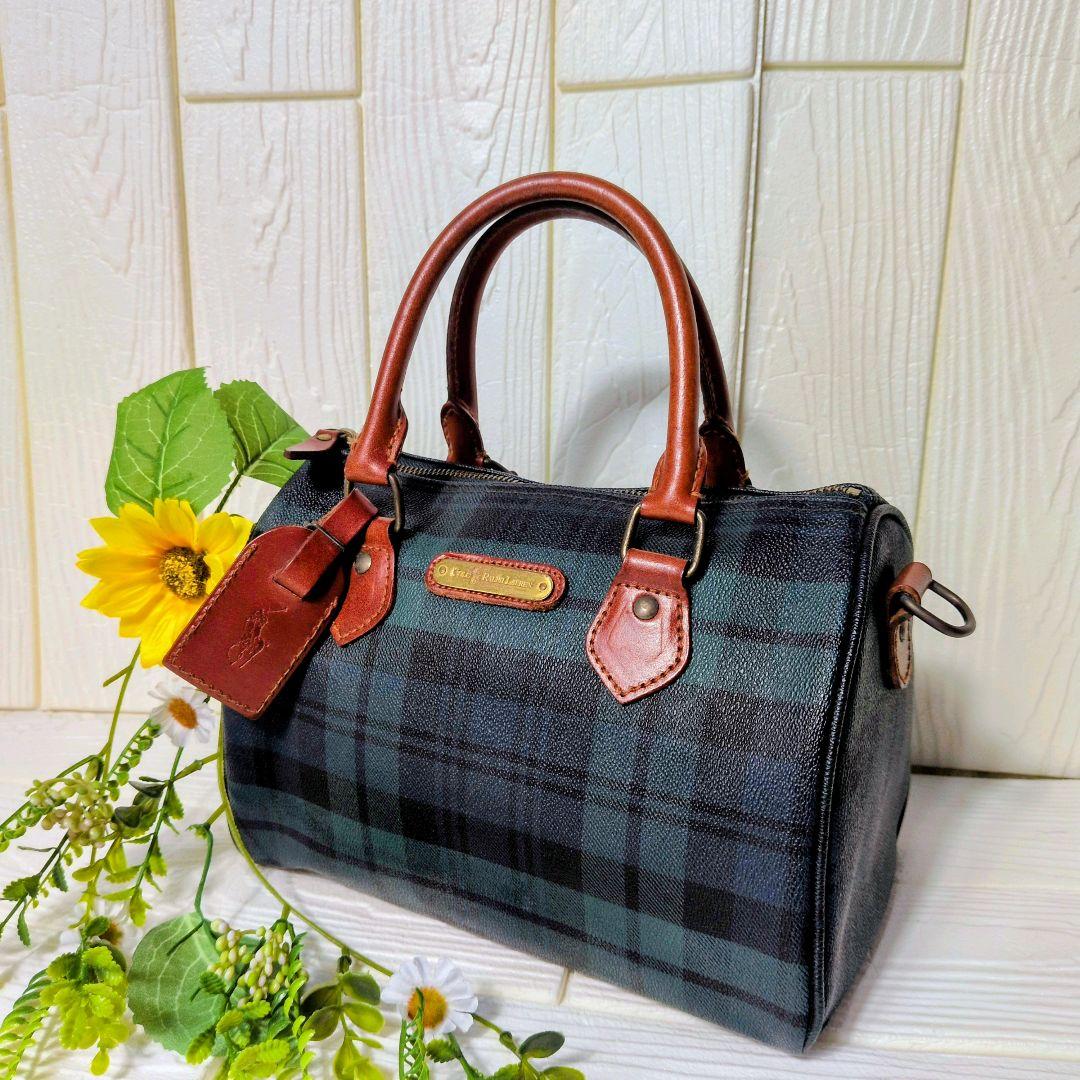 ポロラルフローレン　ミニボストンバッグ　チェック　ブラックウォッチ　PVC 　緑