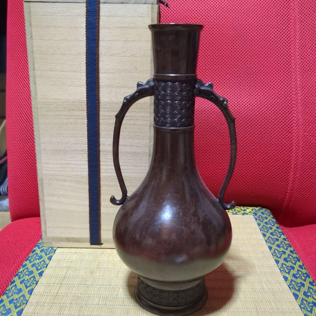 茶花花器、胡銅龍耳、高岡銅器