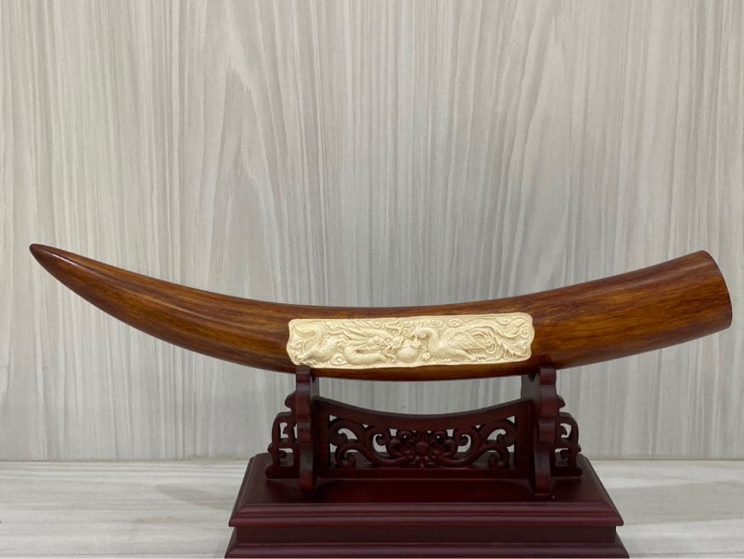 天然マンモス牙美しい手作り彫刻龍鳳呈祥置物