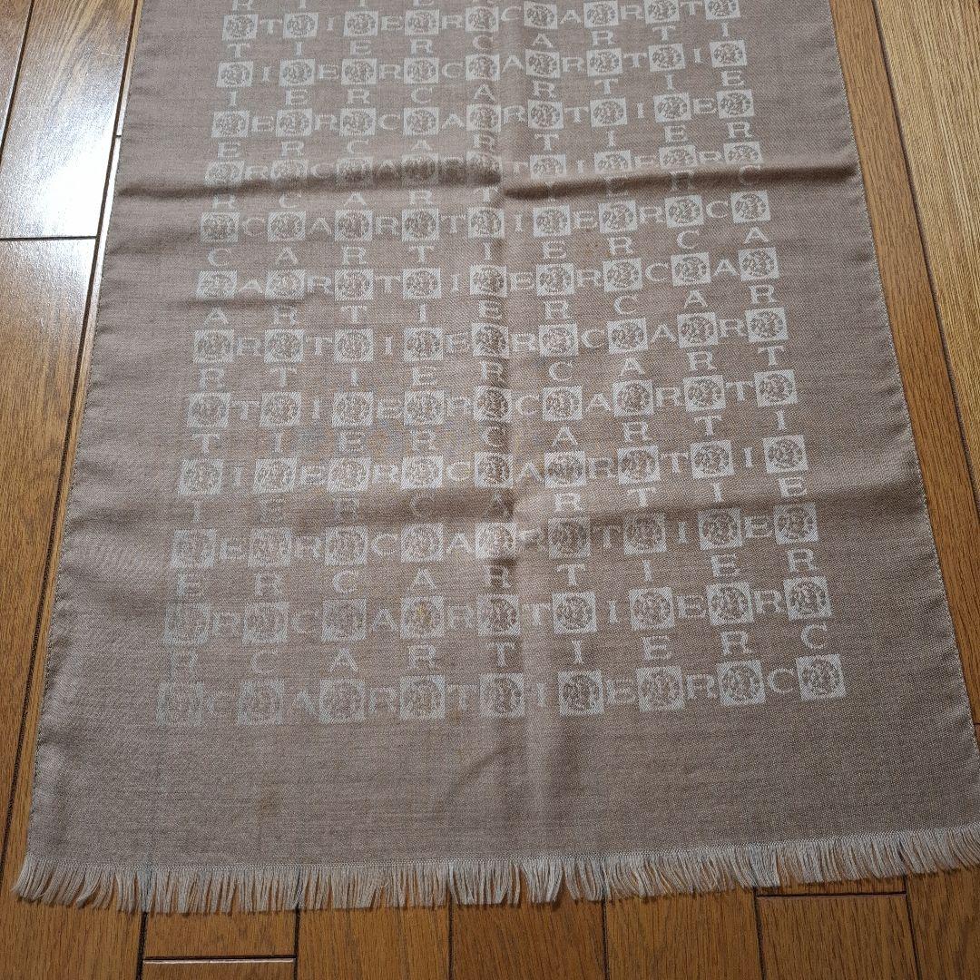 カルティエ　カシミアストール　ロゴプリント ベージュ　フリンジ付きマフラー