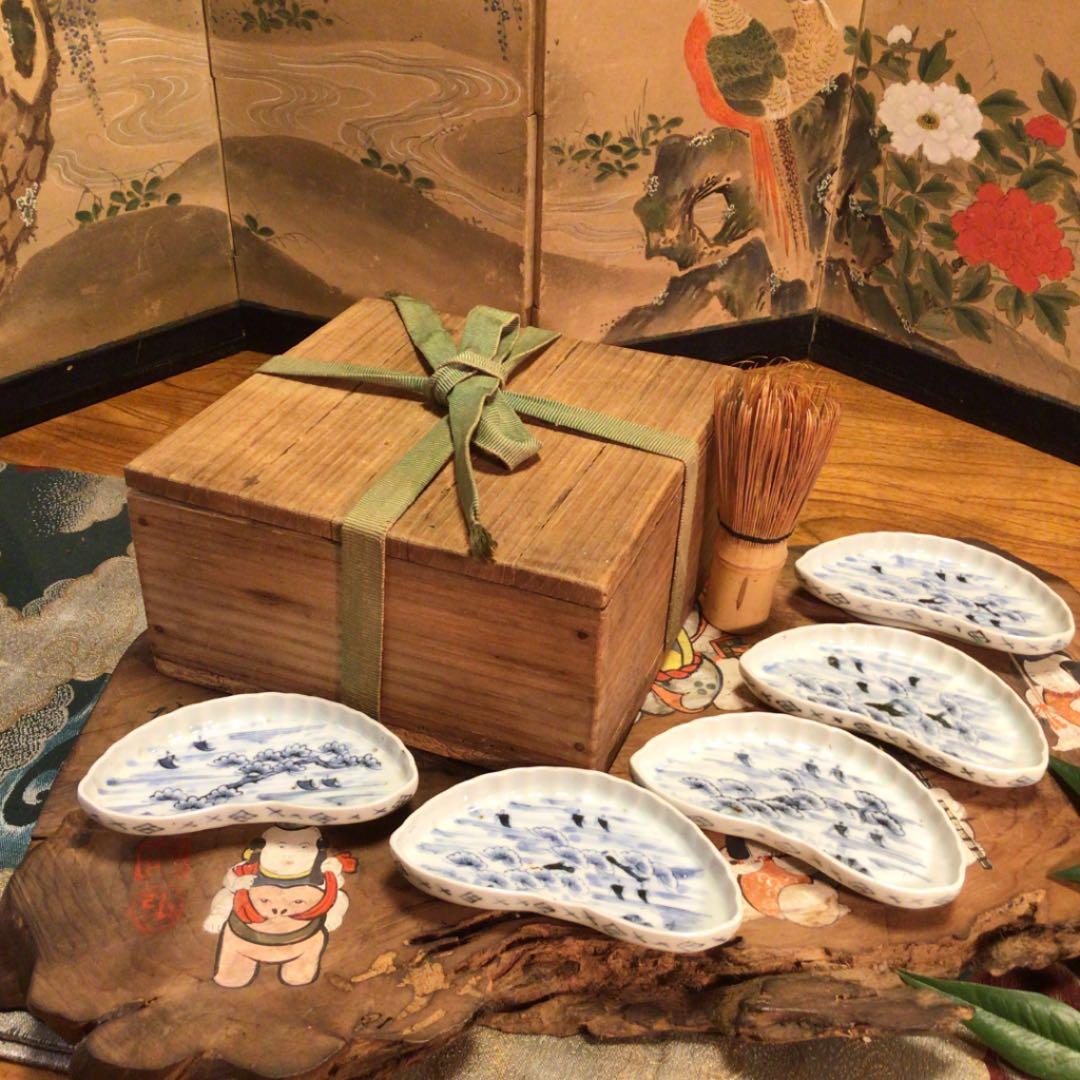 A579 古伊万里　染付　柿右衛門『渦福』松に帆掛船紋様　変形　小皿5枚（箱付）