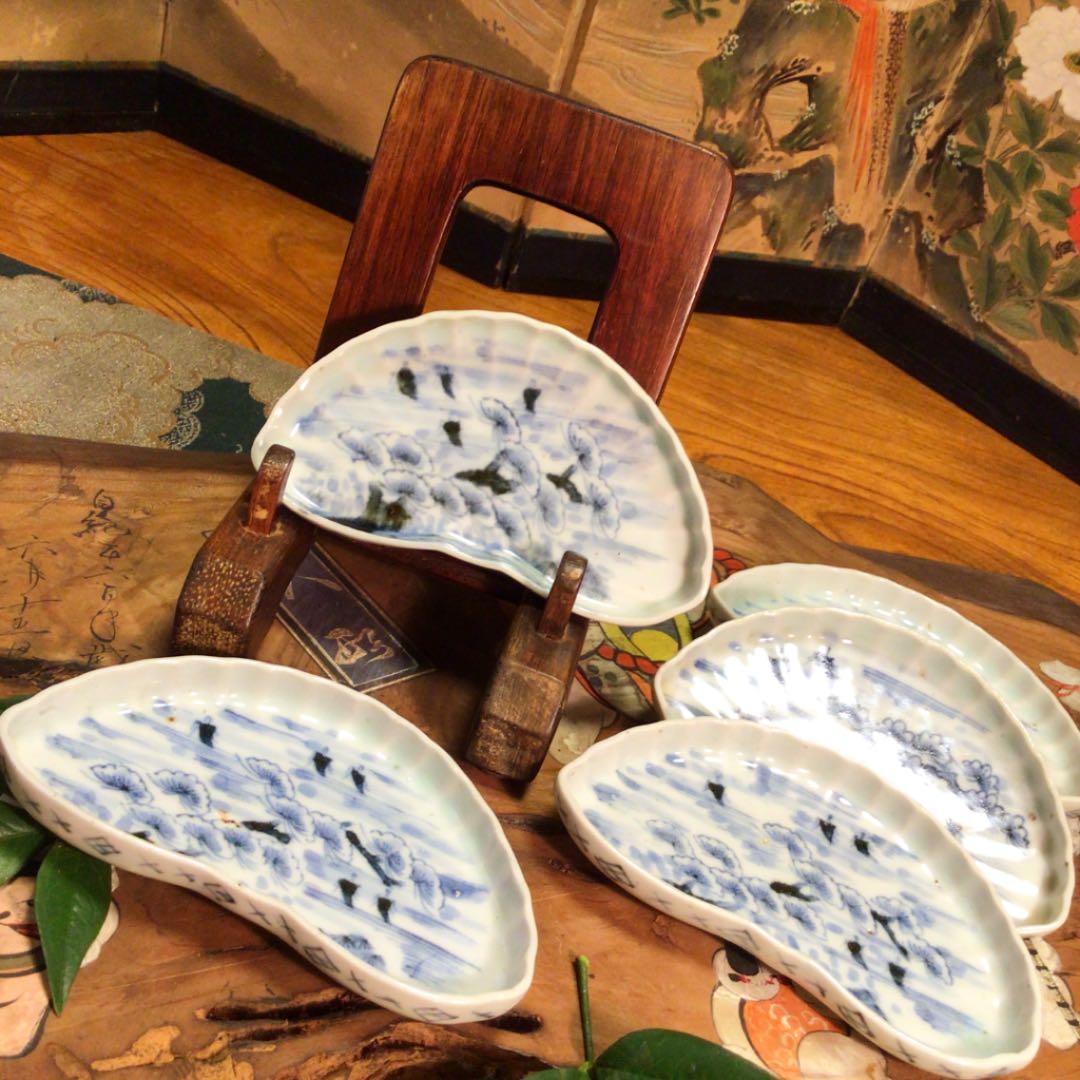 A579 古伊万里　染付　柿右衛門『渦福』松に帆掛船紋様　変形　小皿5枚（箱付）