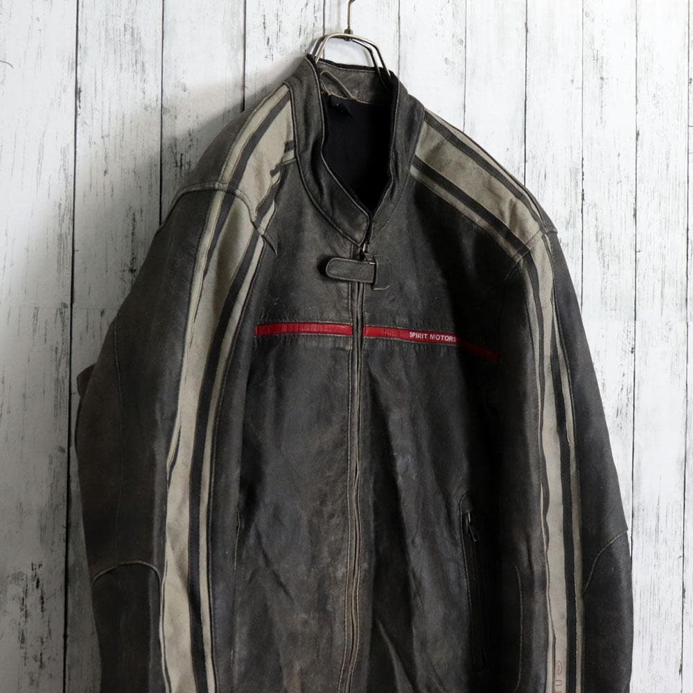 ユーロ古着 polo レーシングライダースジャケット アームロゴ バック刺繍本革