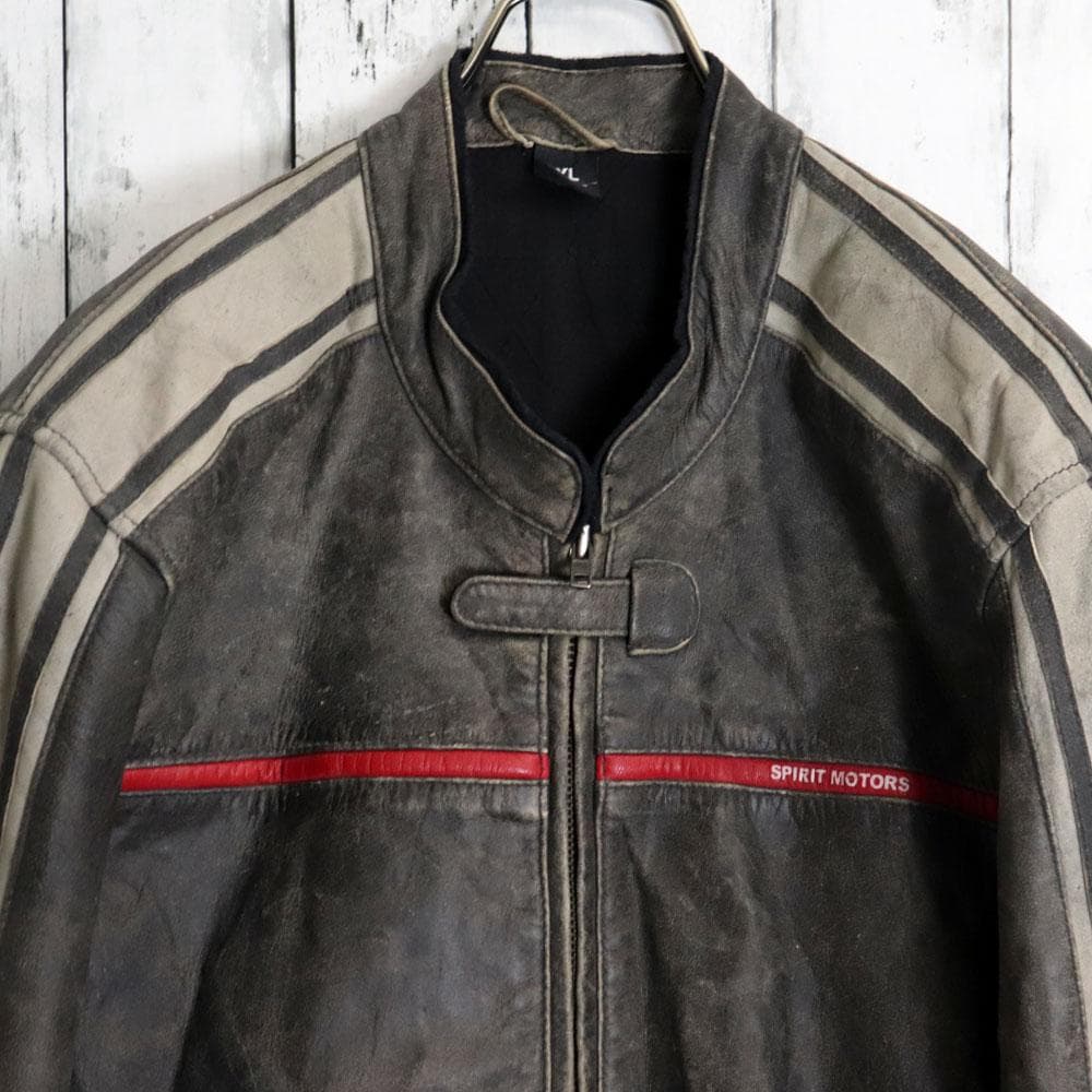 ユーロ古着 polo レーシングライダースジャケット アームロゴ バック刺繍本革