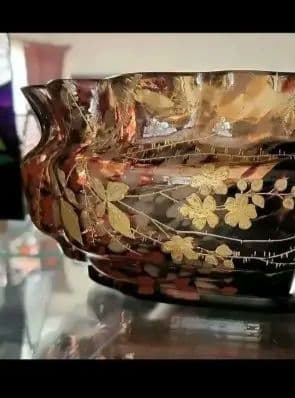 アールヌーボーガラス　吹雪紋金彩盛り薔薇エナメル画　最終値下げ