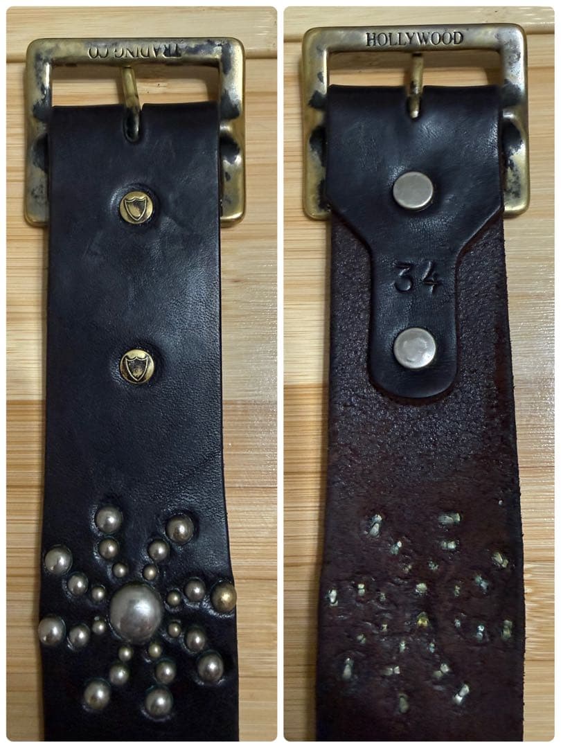 美品⭐️HTC⭐️サンバーストベルト⭐️ブラックレザー×シルバースタッズ⭐️34インチ