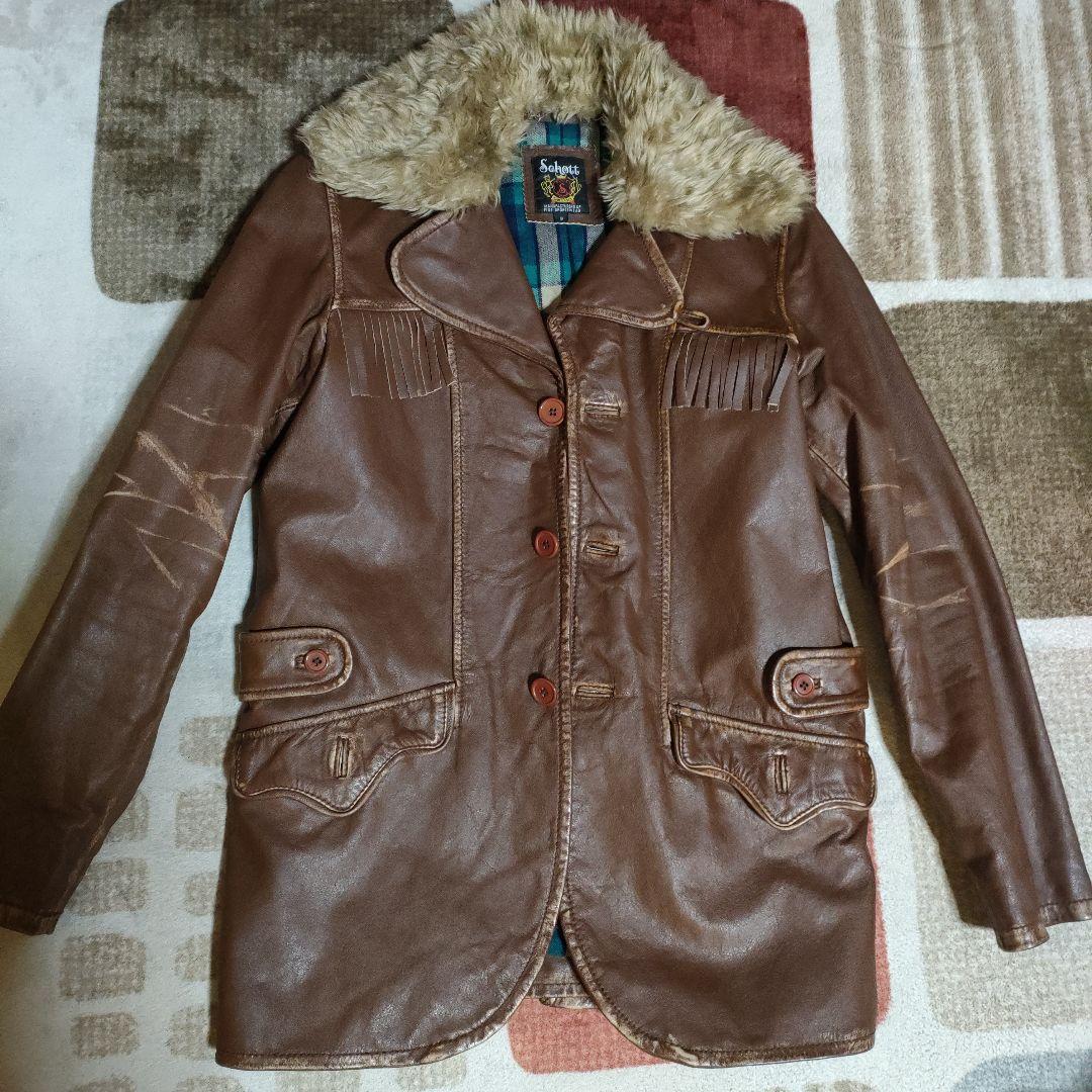 レアSchottボア襟現行タグ フリンジジャケットダメージ加工、交換可