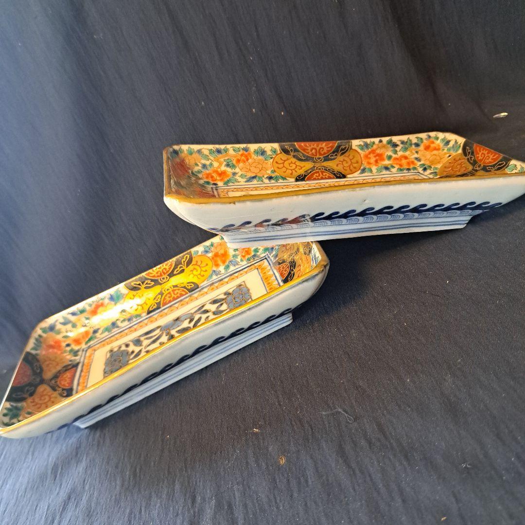 「金彩豪華！古伊万里長皿(全5客)」 色絵皿(21×12cm) 2客セット 骨