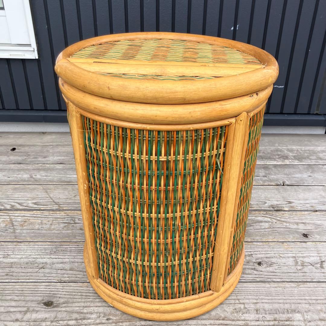 昭和レトロ ラタン 円筒形フタ付きごみ箱 円形スツール ラタンスツール 丸椅子