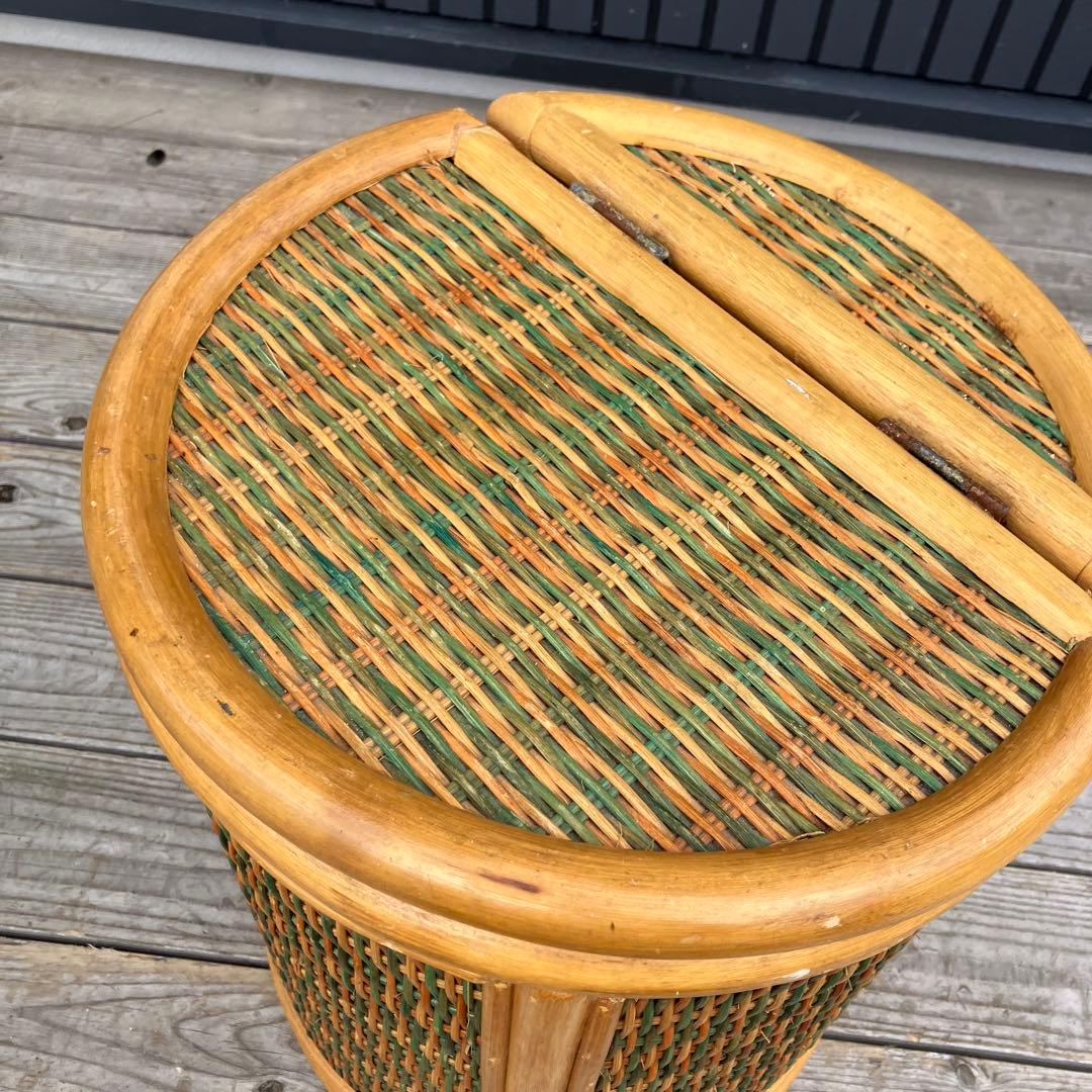 昭和レトロ ラタン 円筒形フタ付きごみ箱 円形スツール ラタンスツール 丸椅子