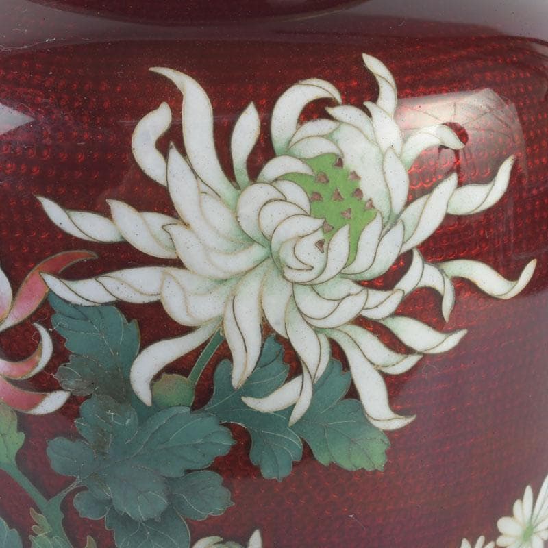 七宝焼　CLOISONNE刻印　赤透四君子文　花瓶　V　9875