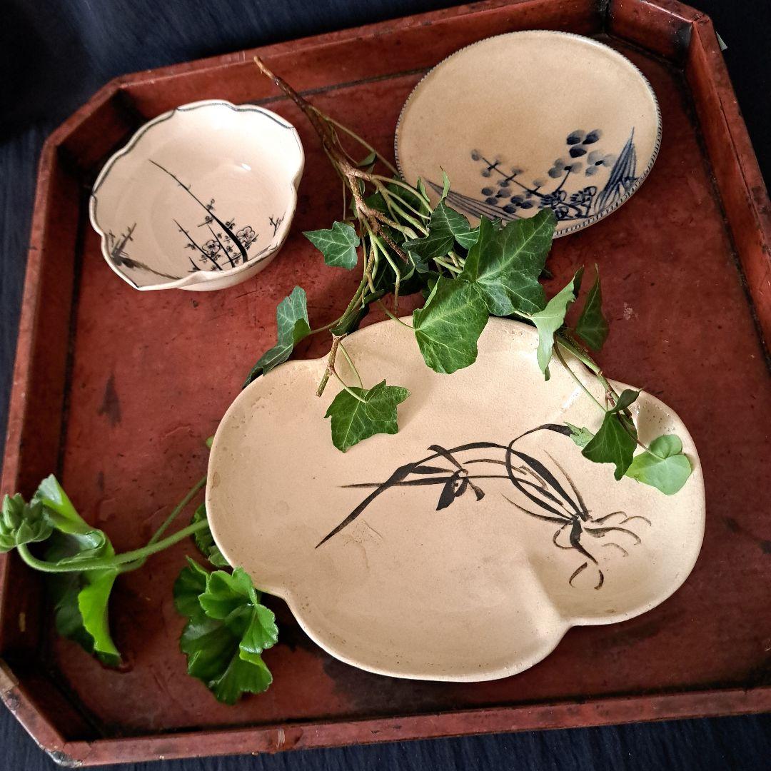 「京焼きの侘び寂び(わび-さび)」皿と小鉢の8客セット 骨董アンティーク
