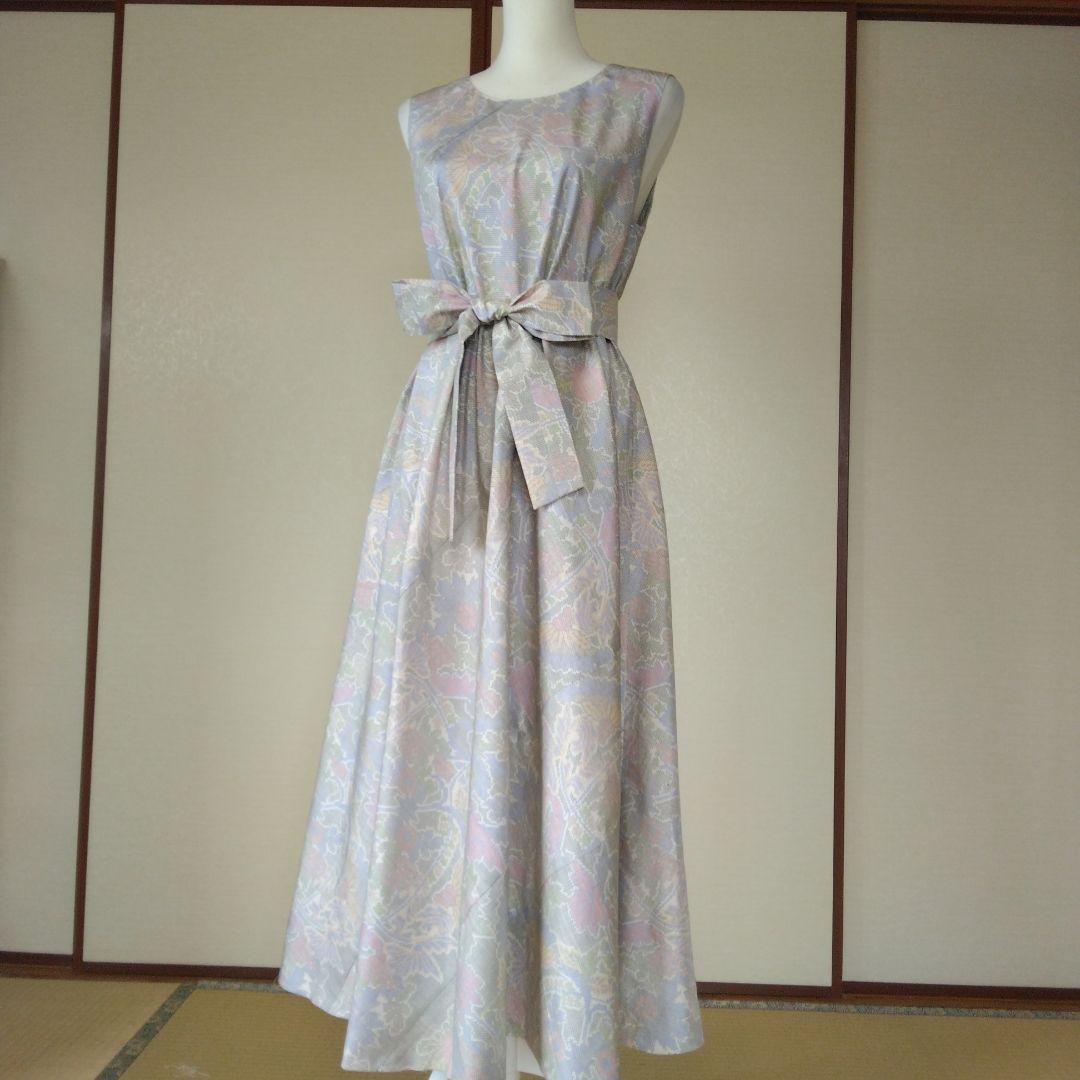 白大島紬解き生地から、バイアス仕立てロングフレアーワンピース　M寸