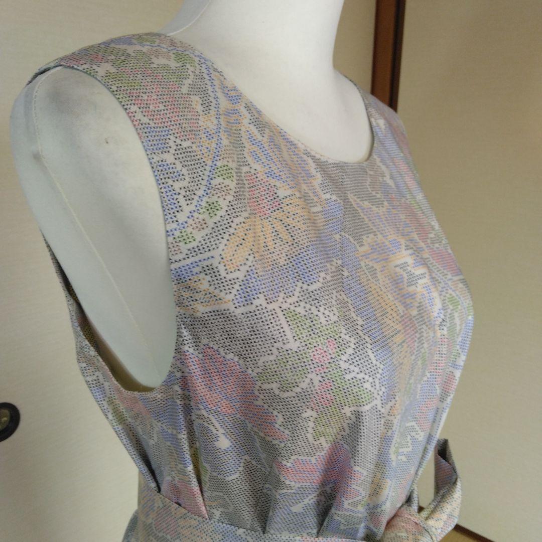 白大島紬解き生地から、バイアス仕立てロングフレアーワンピース　M寸