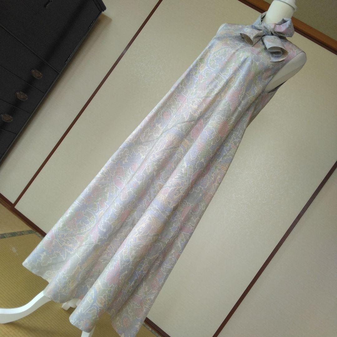 白大島紬解き生地から、バイアス仕立てロングフレアーワンピース　M寸