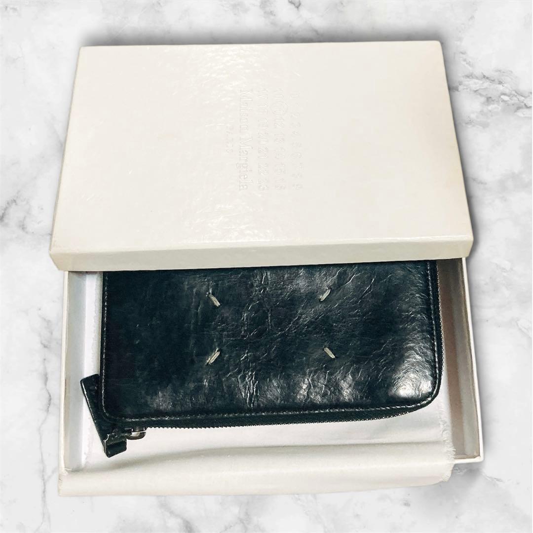 ★美品★メゾンマルジェラ 長財布 ブラックレザー L字ラウンドジップ　箱付