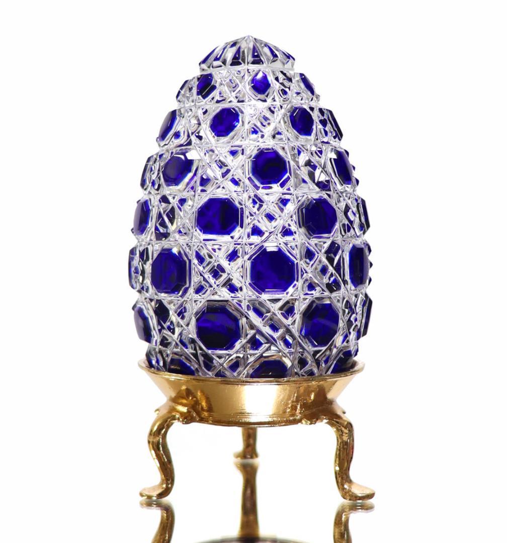 オールド・バカラ 珍品 上級作品 青色被せ装飾 台座付き 切子 置物 ディアマン