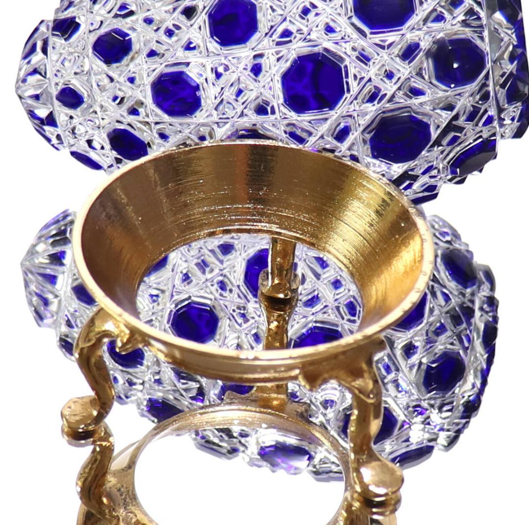 オールド・バカラ 珍品 上級作品 青色被せ装飾 台座付き 切子 置物 ディアマン