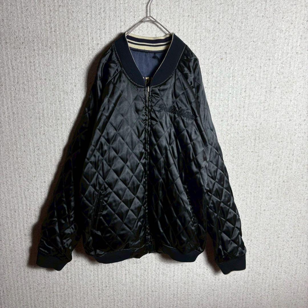 ピークドイエロー　スカジャン　リバーシブル　キルティング　袖刺繍　紺　黒　2XL