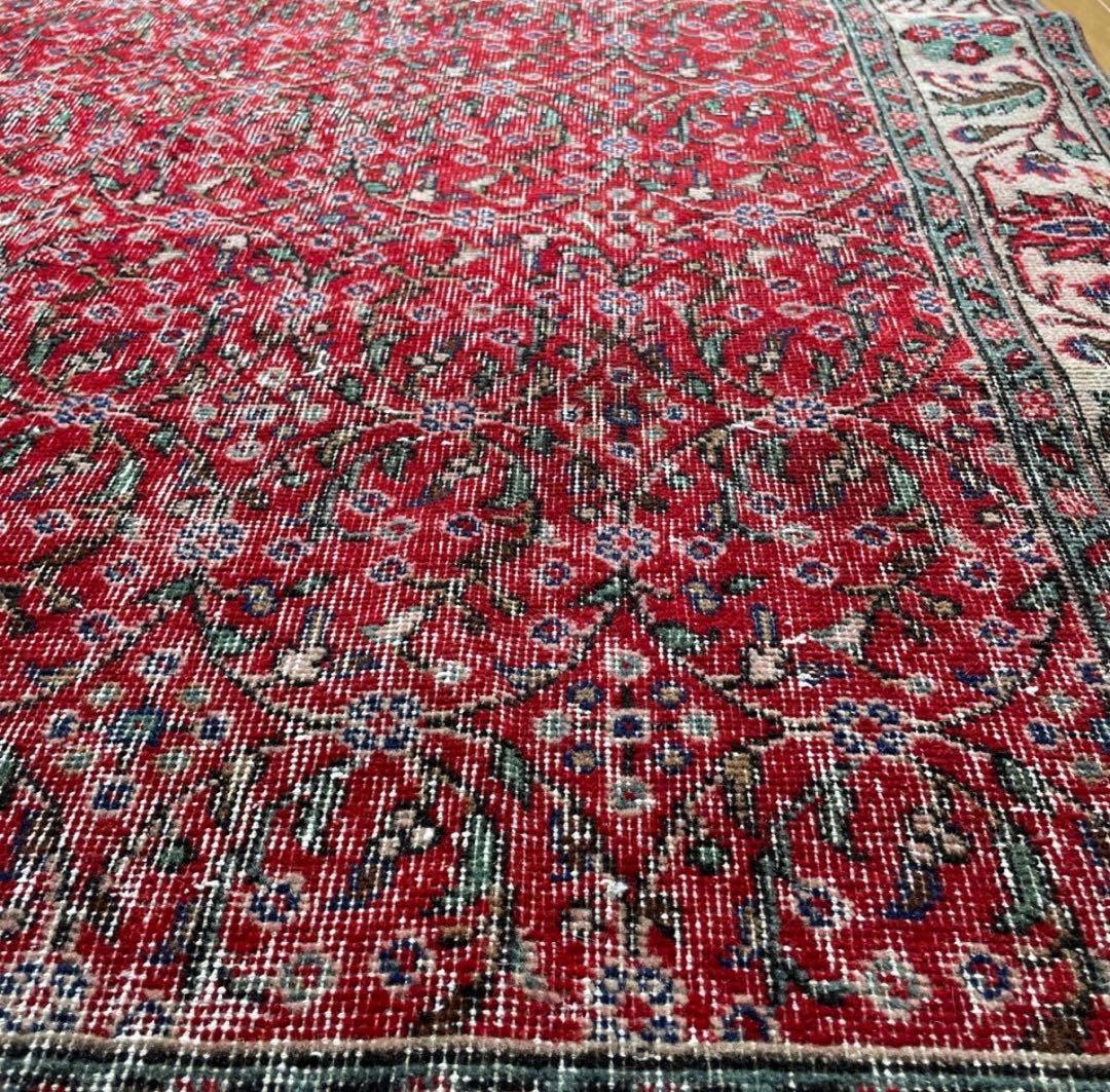 大判　162×262 クリーム縁取り　ストロベリー草花　トルコヴィンテージラグ