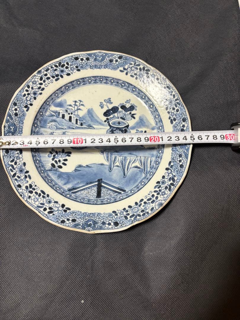 中国古美術 清の乾隆時代 青花　山水風景　大皿25cm　染付