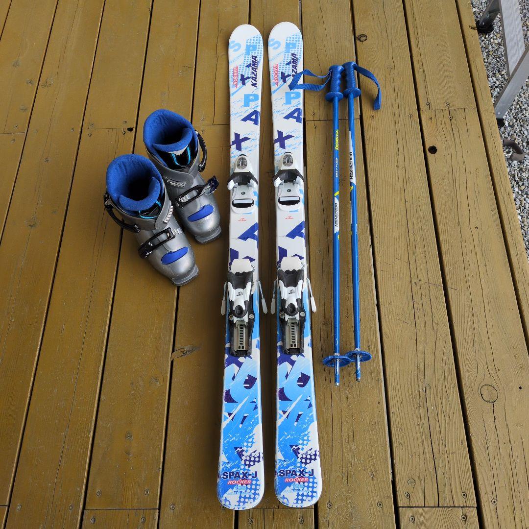 【中古】 KAZAMA スキー板126cm・ストック・ブーツセット　袋おまけ付き