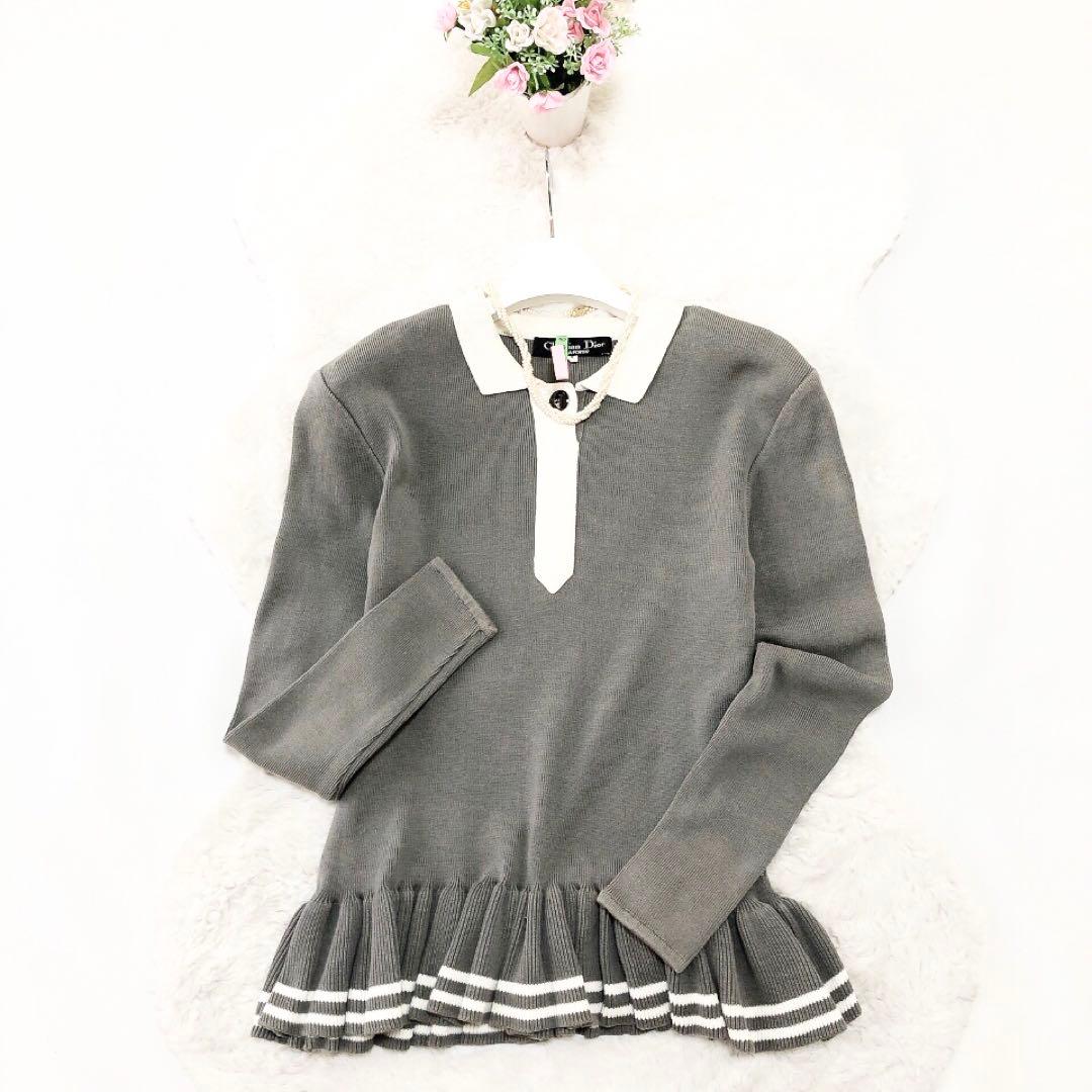 Dior*ディオール　襟付きペプラムニット　バイカラー　ボーダー　フリル　M