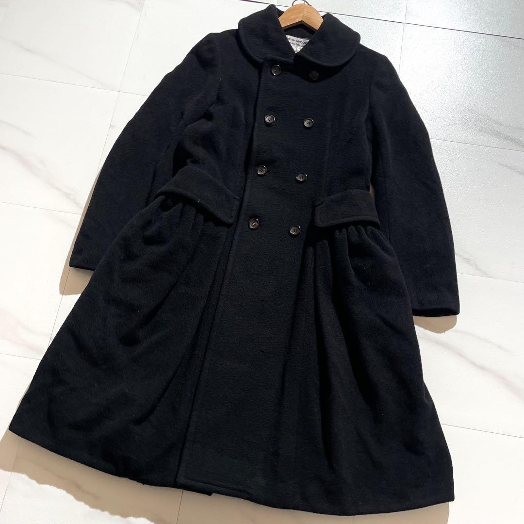 【美品】コムコム ロングコート ギャザー 丸襟 フレア ウール 黒 アーカイブ