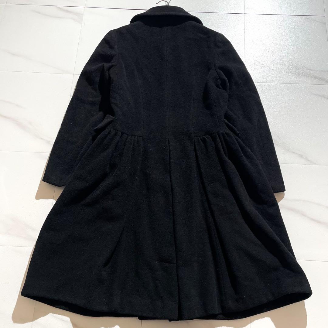 【美品】コムコム ロングコート ギャザー 丸襟 フレア ウール 黒 アーカイブ