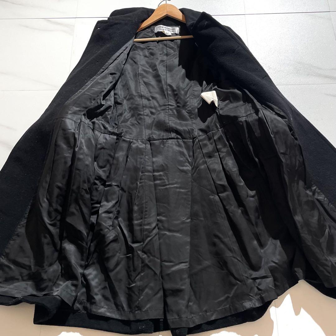 【美品】コムコム ロングコート ギャザー 丸襟 フレア ウール 黒 アーカイブ