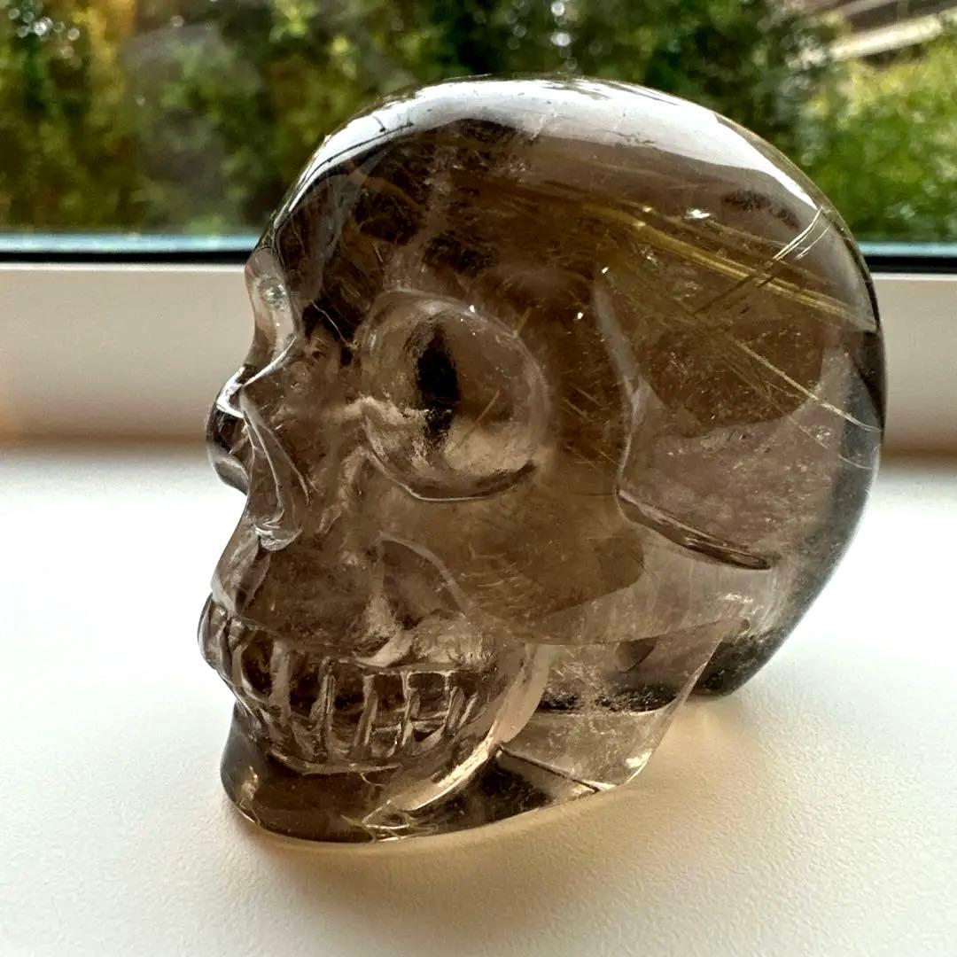 スモーキー　ルチル　スカル　146.8g ゴールデンルチル　金運