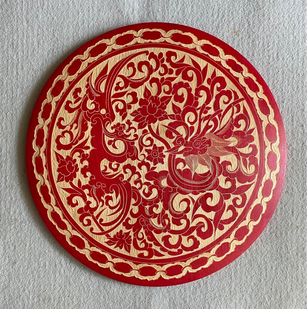 【龍鳳呈祥】龍・鳳凰柄／円盤彫刻★壁掛け・置物